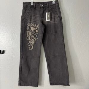 Emmiol Washed Heart Pattern Cargo Jeans, Faded Black, L